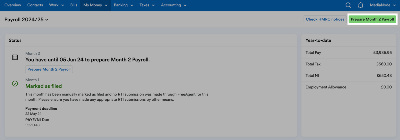 'Prepare Month [x] Payroll' button highlighted in payroll page header.