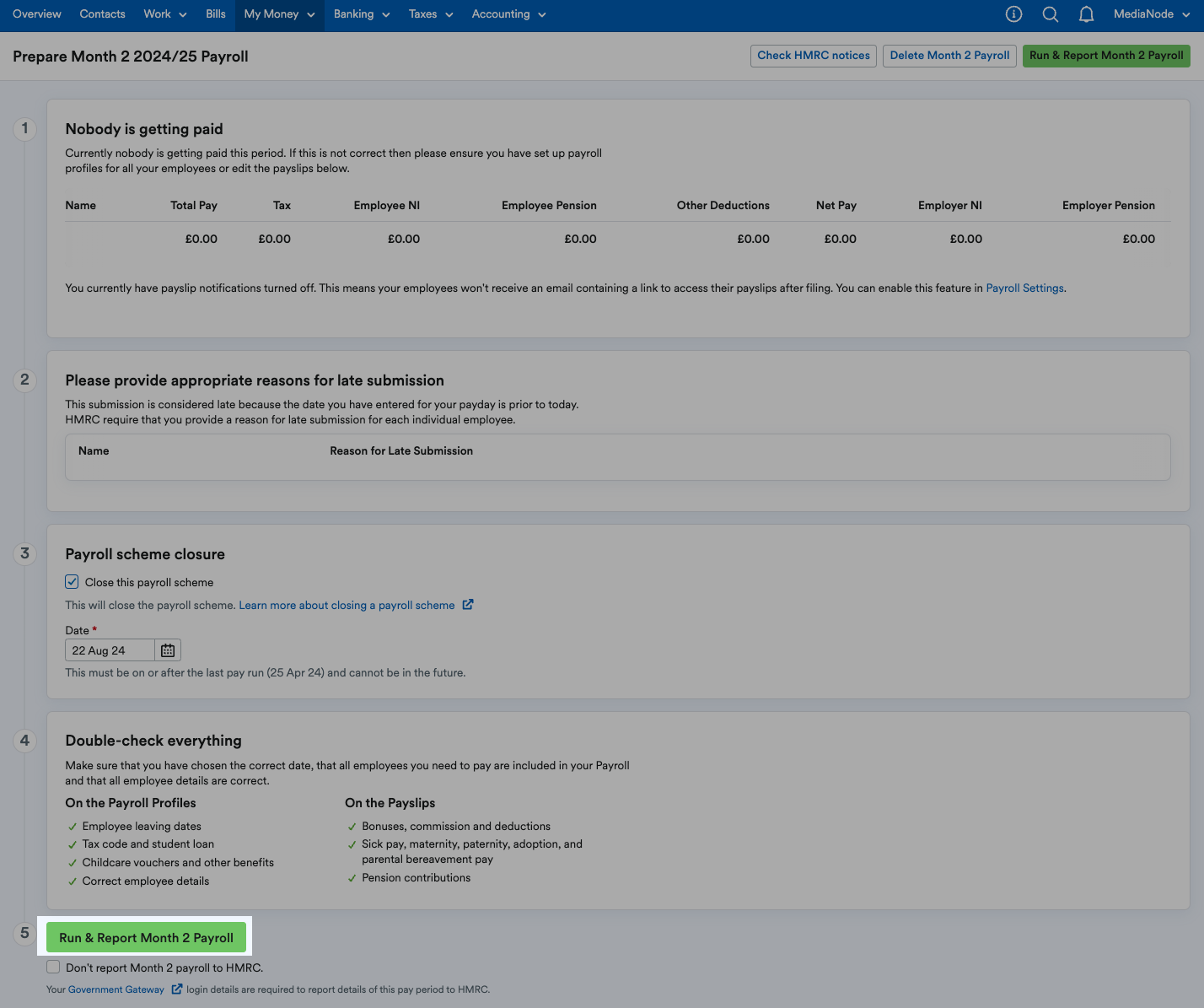 'Run and Report Month [x] payroll' button highlighted.