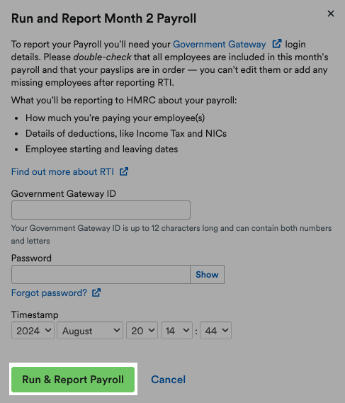 'Run and Report payroll' button highlighted on pop-up window.