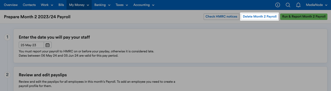 'Delete month [x] payroll' button highlighted at top of prepare month [x] payroll page.