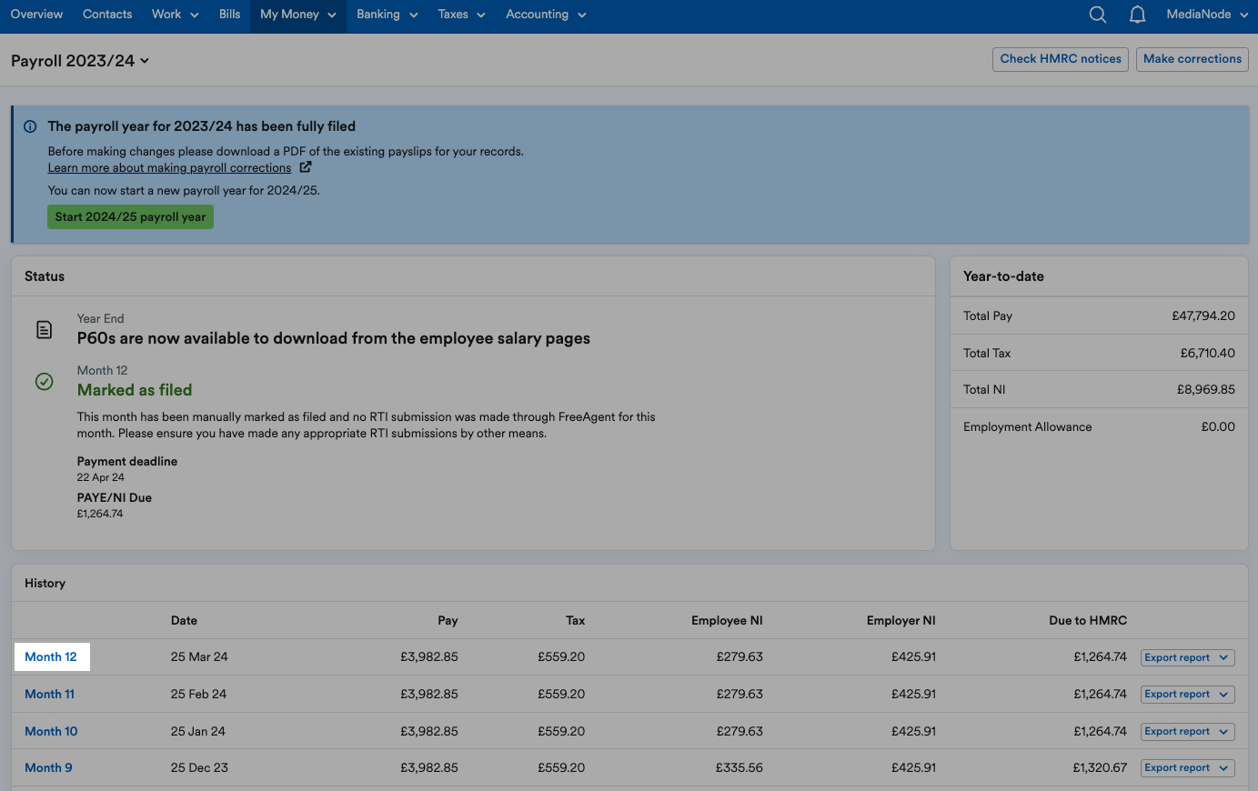 Month 12 highlighted in history section of payroll page.