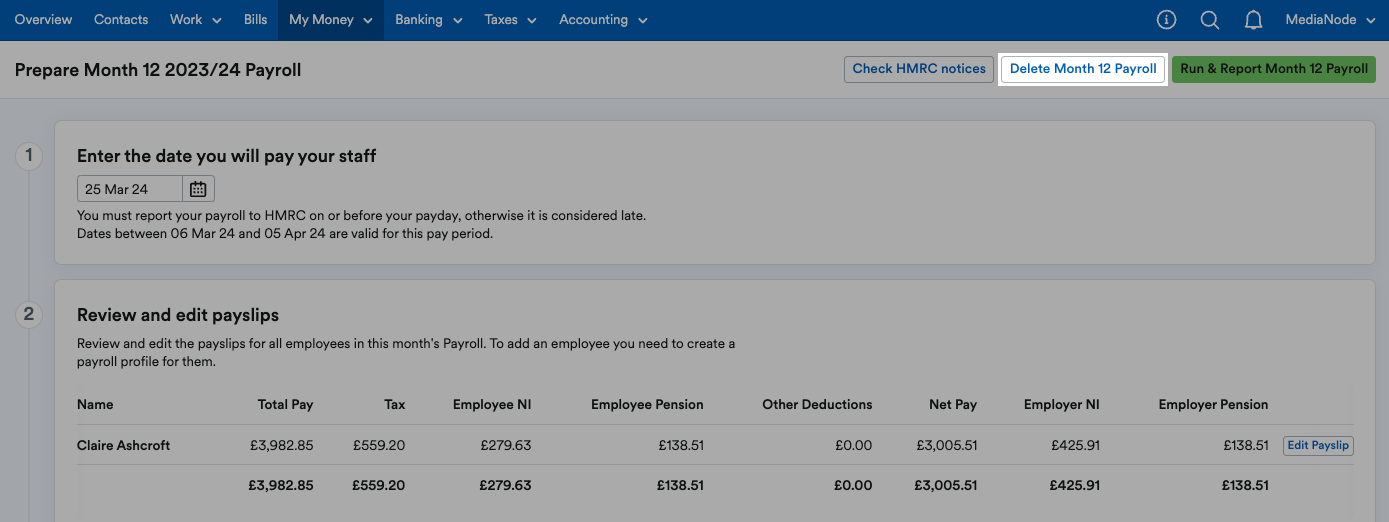 'Delete month 12 payroll' button highlighted at top of page.