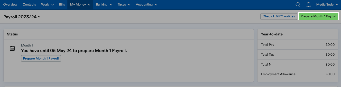 'Prepare Month [x] Payroll' button highlighted at top of payroll page header.