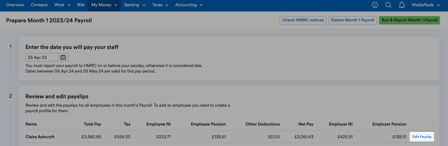 'Edit Payslip' button highlighted next to employee's listing.