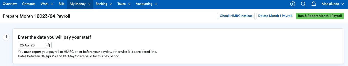 Step one to enter date you will pay staff for preparing month [x] of payroll.