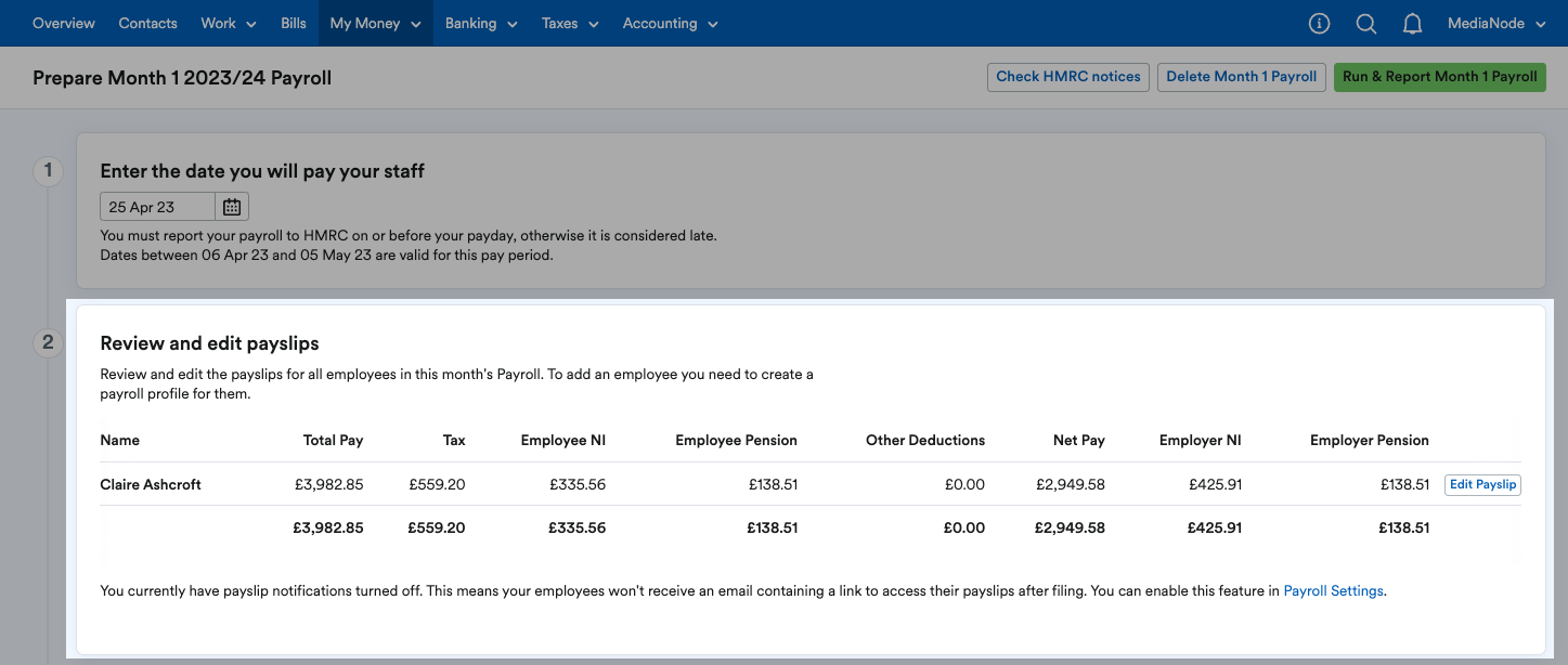 Step 2 to review and edit payslips for preparing month [x] of payroll.