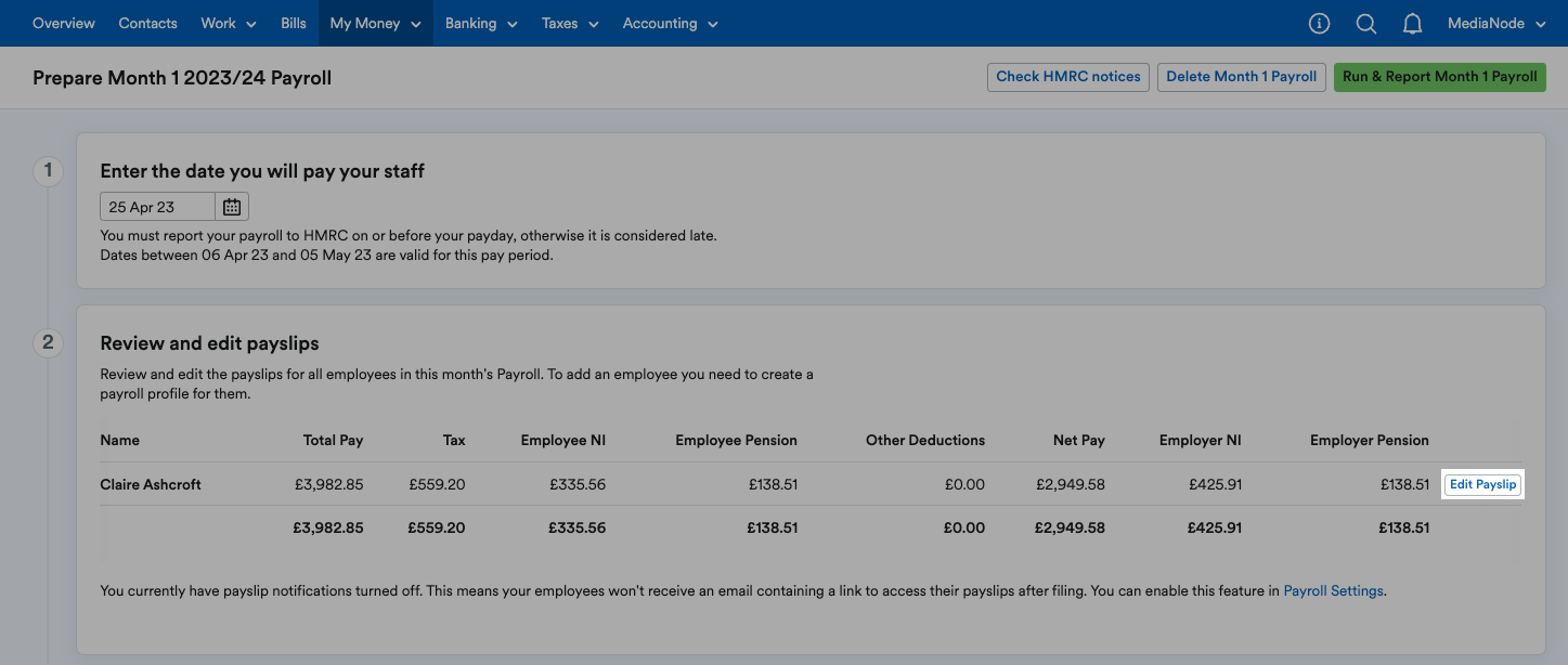'Edit payslip' button highlighted next to employee's listing.