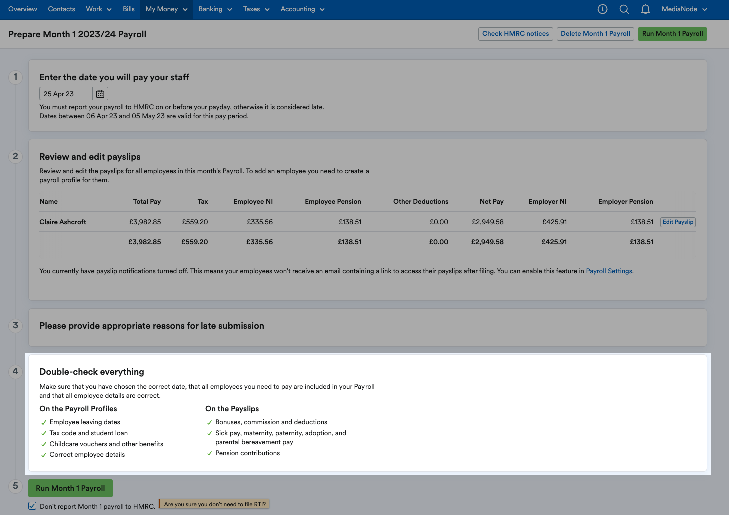 Step 4 to double-check everything for preparing month [x] of payroll.