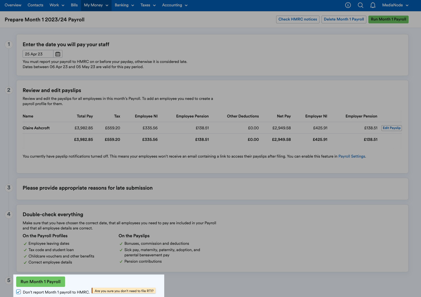 'Run month [x] payroll' button highlighted at bottom of prepare month [x] of payroll page.