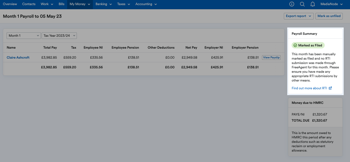 Payroll summary highlighted in side panel next to month [x] of payroll.