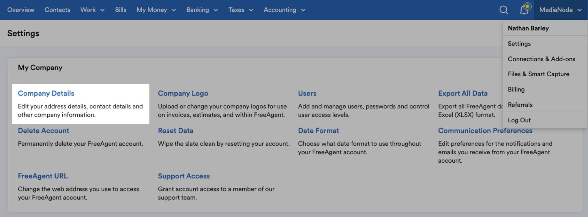 Company Details highlighted in Settings area