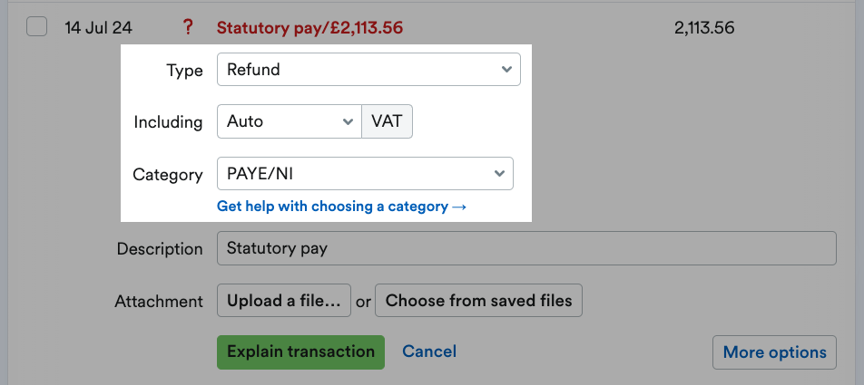 Drop-down menus to select type, including VAT, and category.