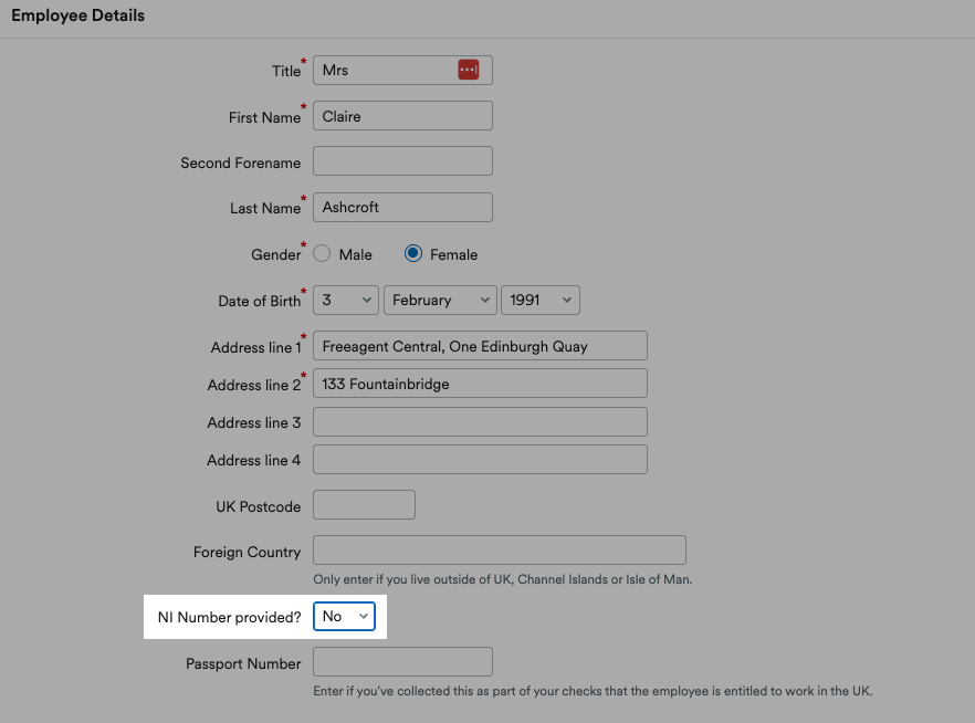'No' selected from drop-down menu for 'Ni Number Provided?'.