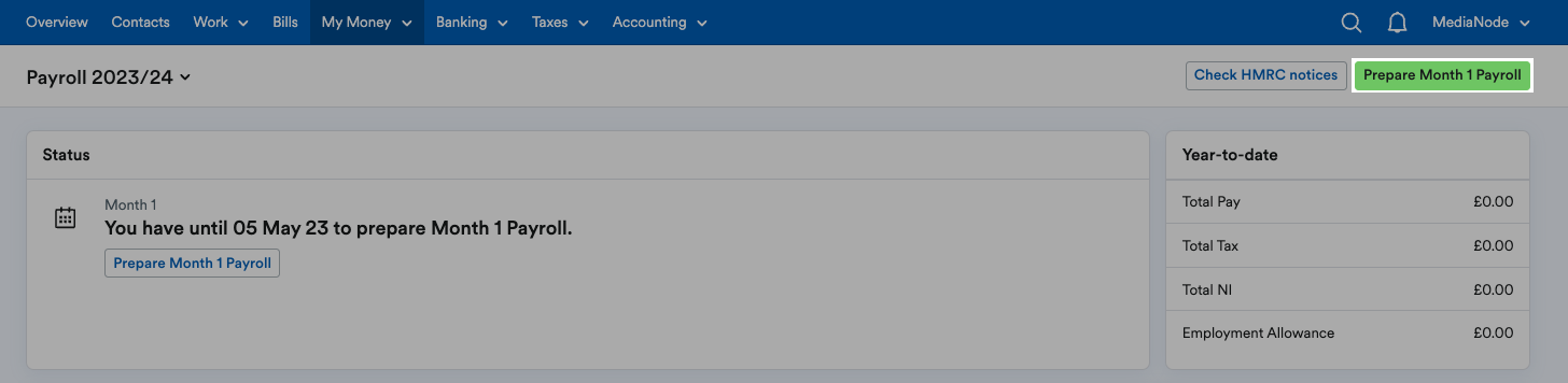 'Prepare Month [x] Payroll' button highlighted on payroll page header.