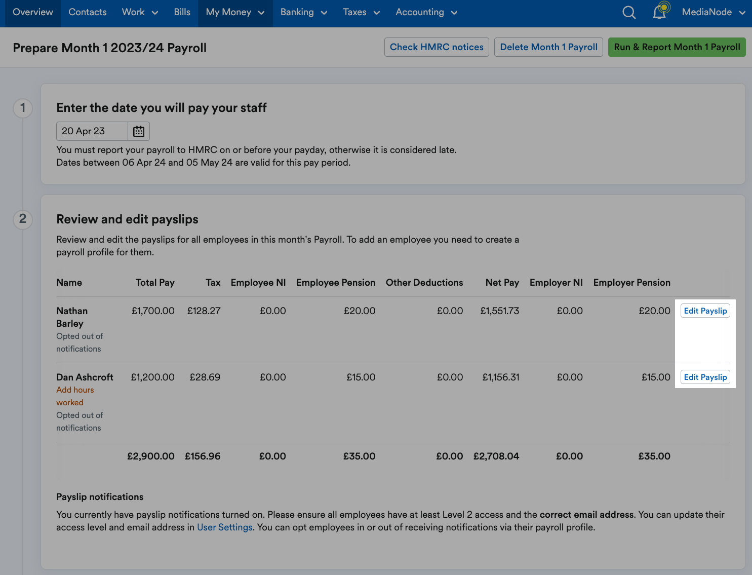 'Edit payslip' button highlighted next to employees' listings.