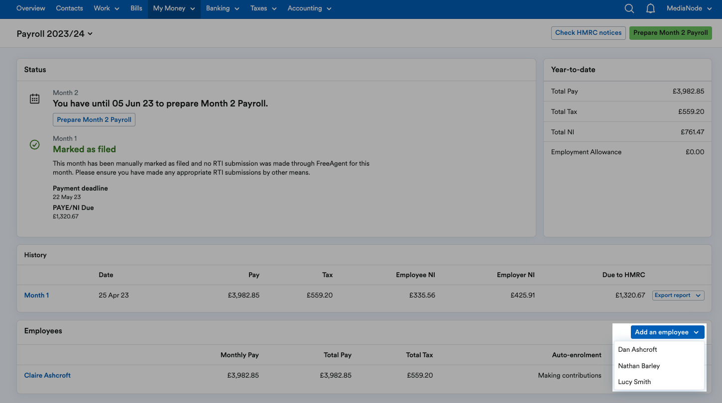Employee names listed in drop-down menu under 'Add an employee' button.