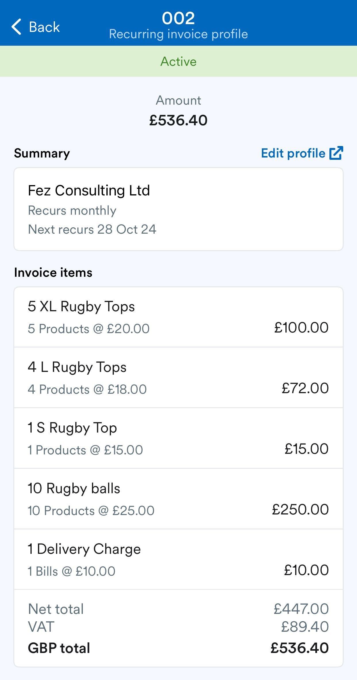 Example of an active recurring invoice profile.