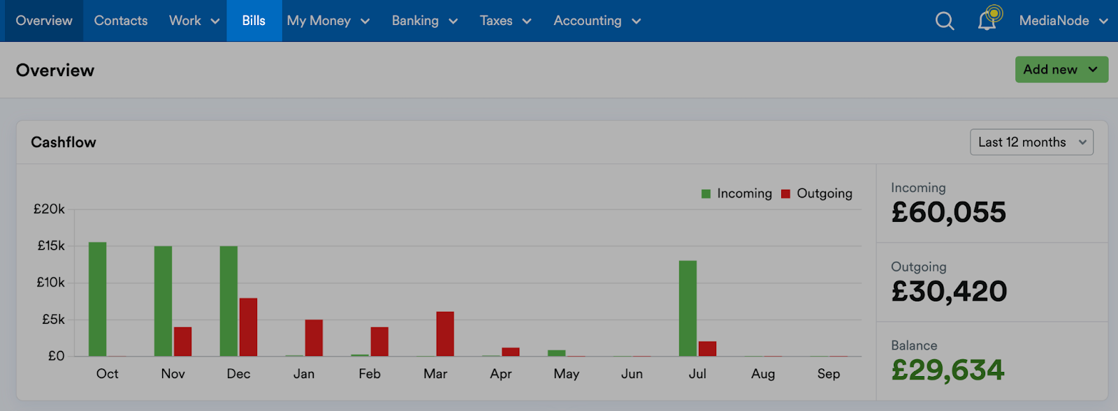 Bills highlighted at the top of the screen.