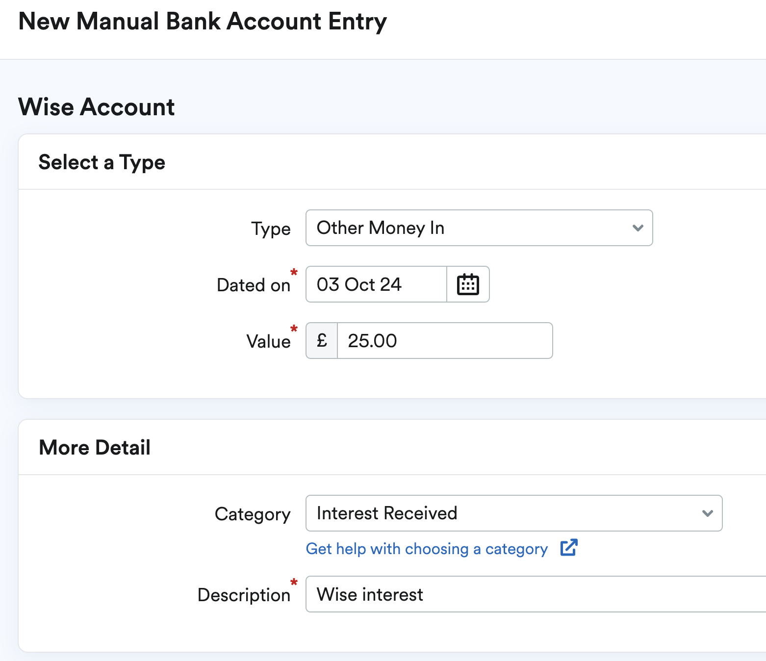 Example of a manual transaction being entered as interest received