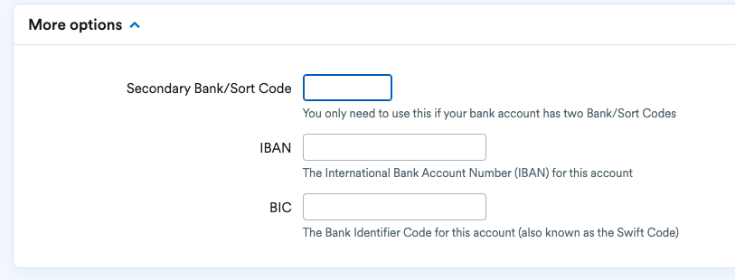 More options section of the new bank account screen