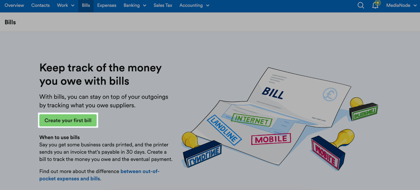 'Create your first bill' button highlighted on Bills page.