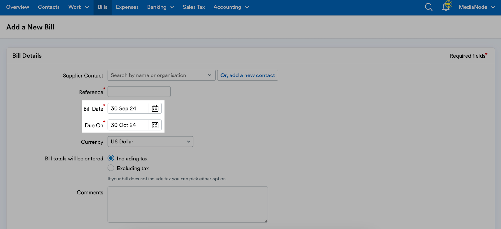 Options to enter dates for Bill Date and when bill is due to be paid.