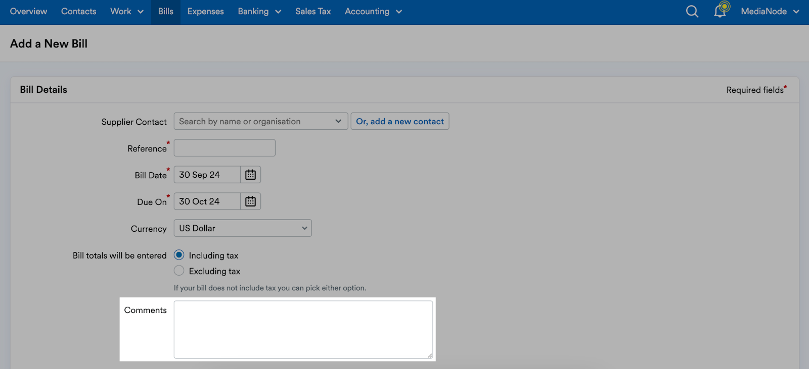 Comments box highlighted.