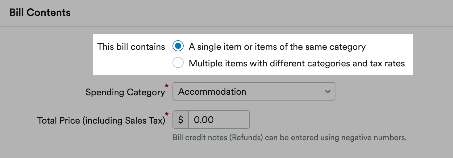 Options to select if bill contains either items from the same or from different categories.