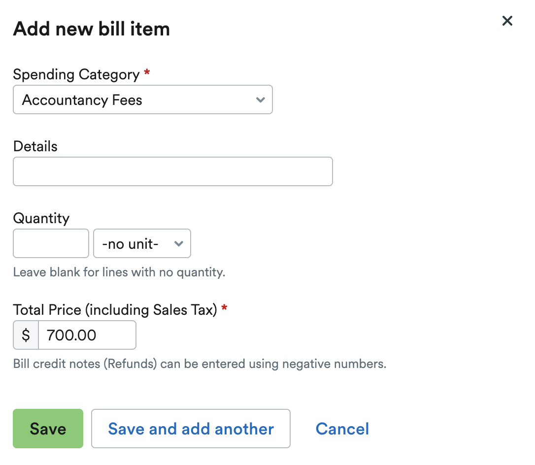 Add new bill item page.