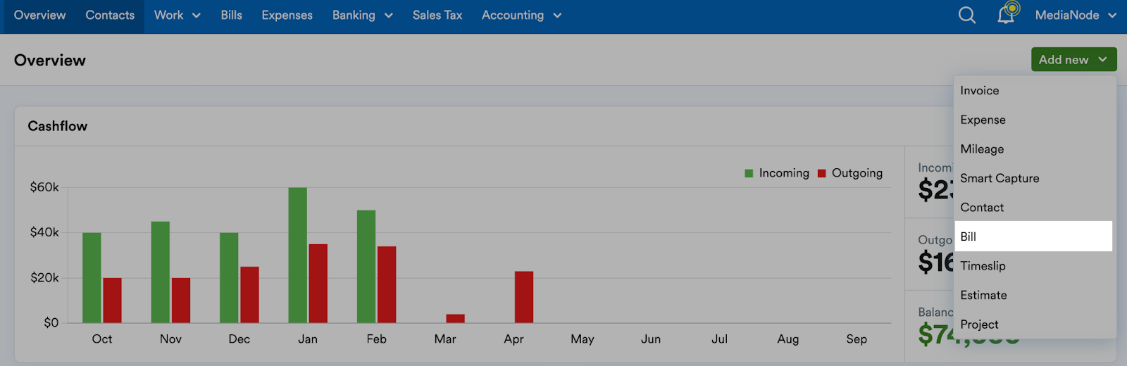 'Bill' selected in drop-down menu under 'Add new'.