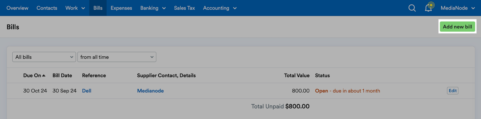 'Add new bill' button highlighted in bills page header.