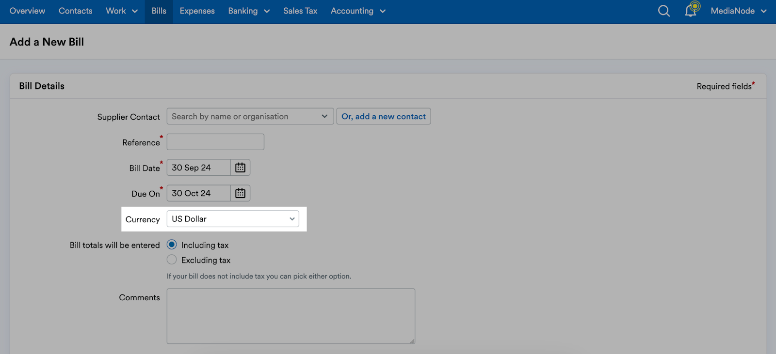 Currency selected from drop-down menu.