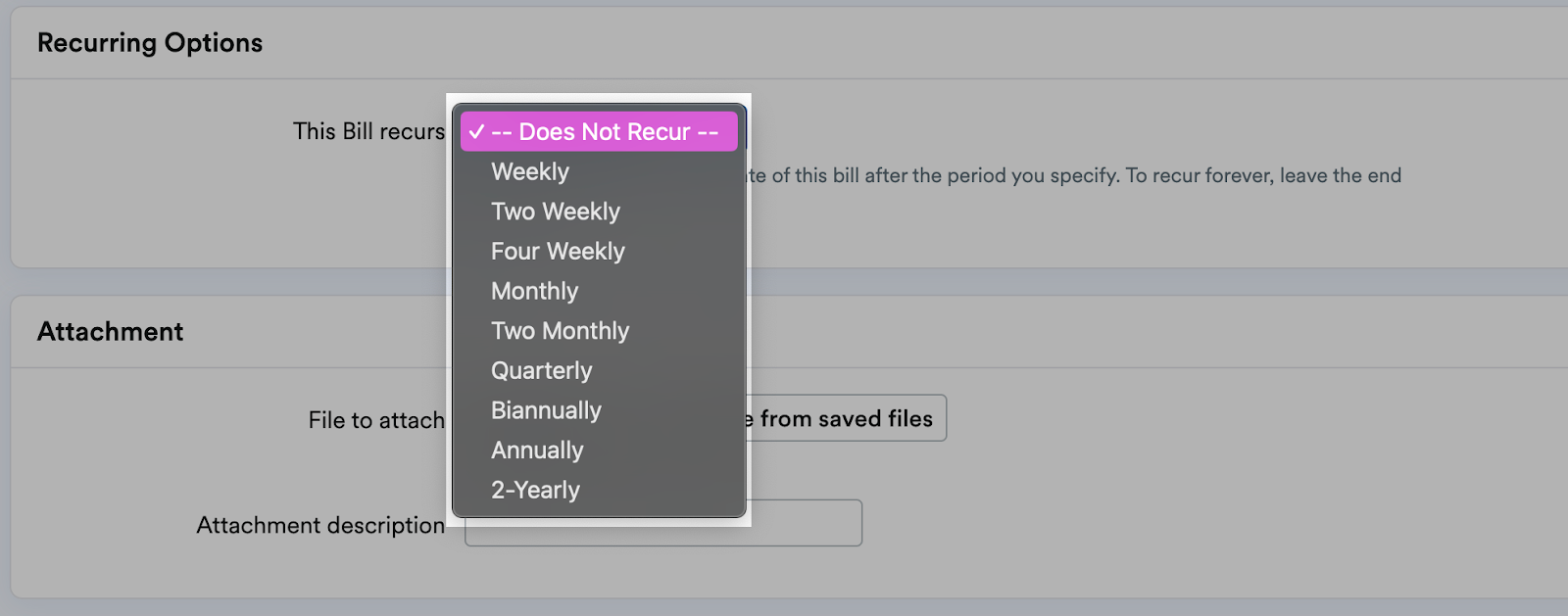 Regularity option to select from drop-down menu.