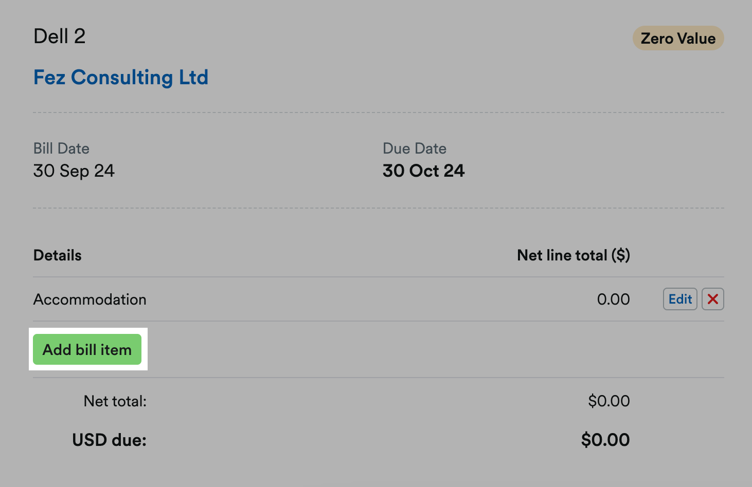 'Add bill item' button highlighted on a draft bill.