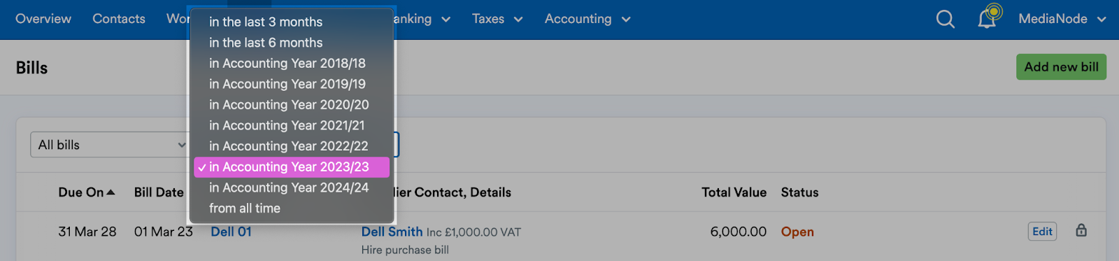 Dates and accounting years listed in drop-down menu.