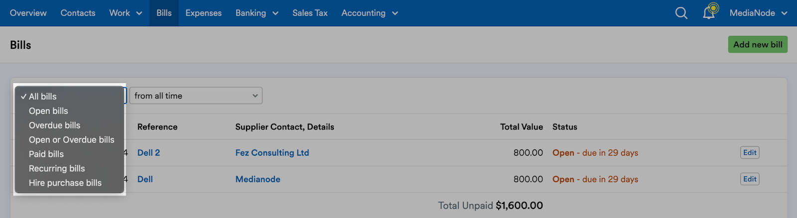 Bill types listed in drop down menu.