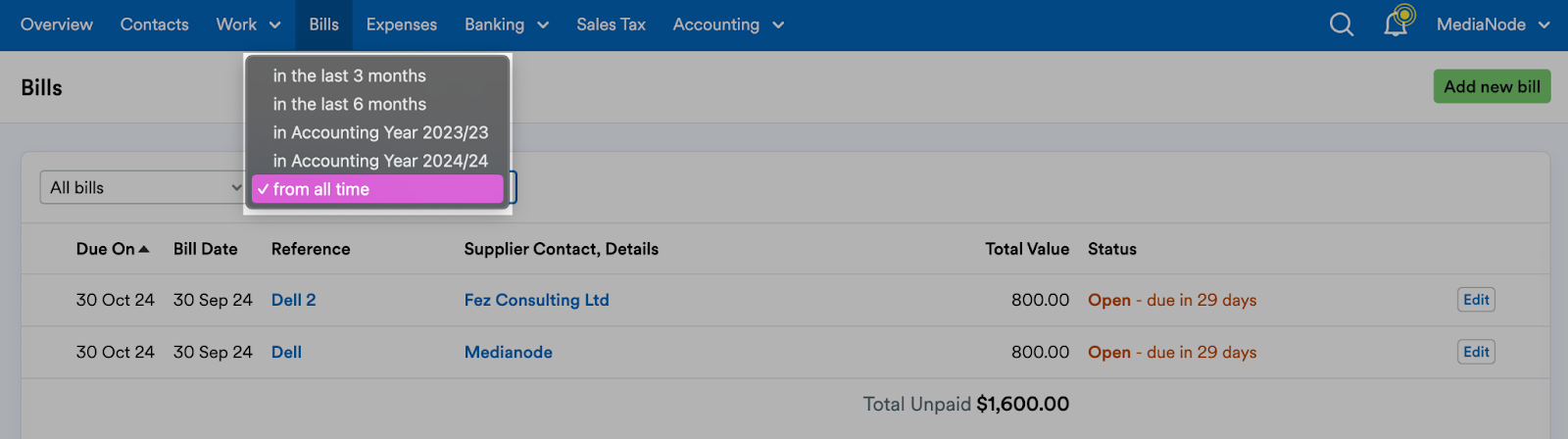 Account years and time periods listed in drop down menu.