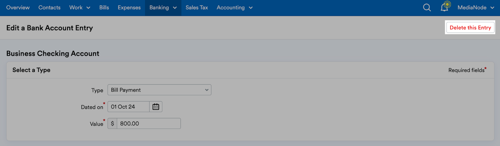 'Delete this entry' button highlighted in Edit a Bank Account Entry page header.