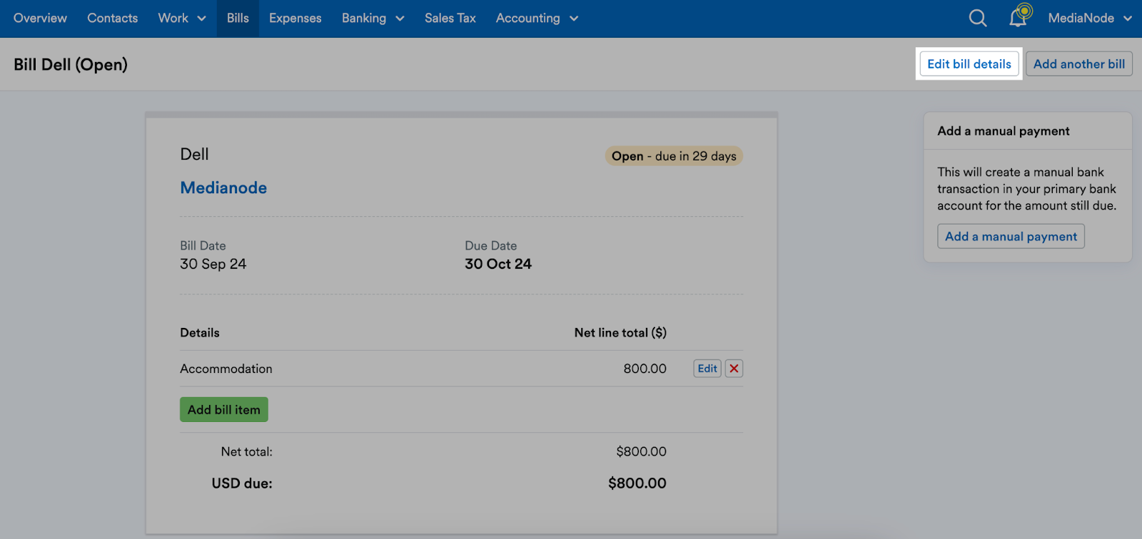 'Edit bill details' button highlighted in an example bill's page header.