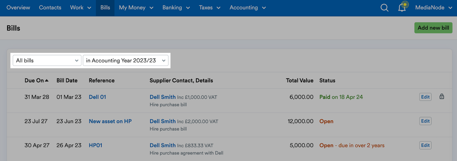 Drop down menus highlighted for bill types and timeframes.