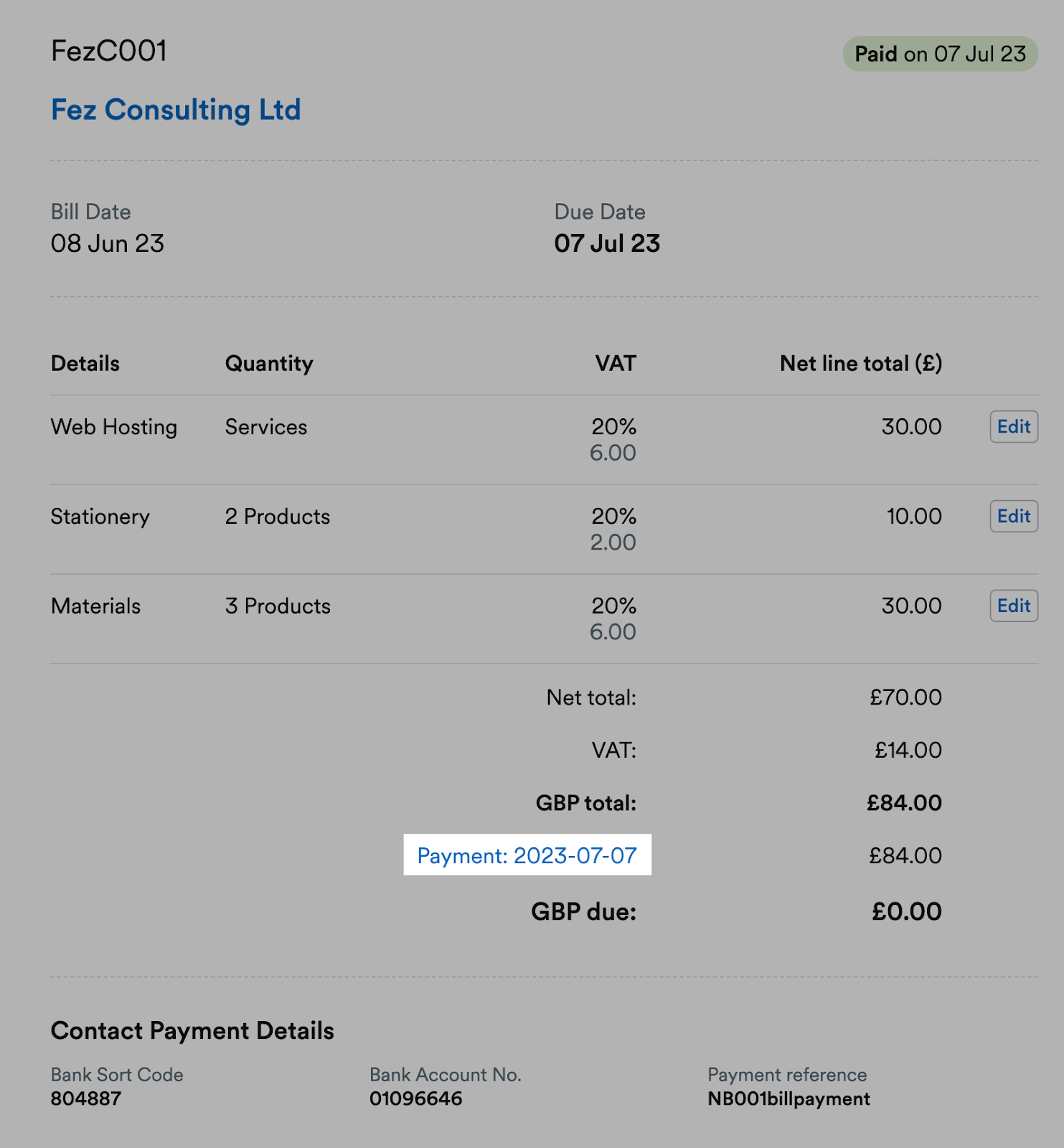 Payment highlighted on example of a bill.
