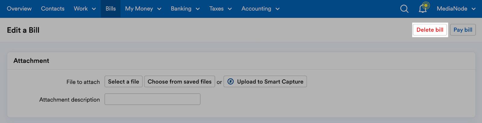 'Delete bill' button highlighted in Edit a Bill page header.