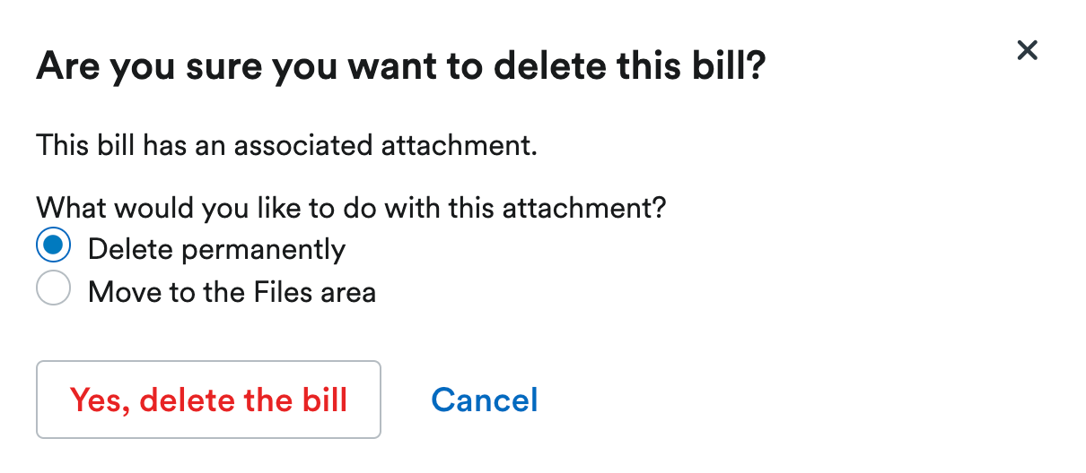 Options to permanently delete attachment associated with a bill, or move it to the Files area.