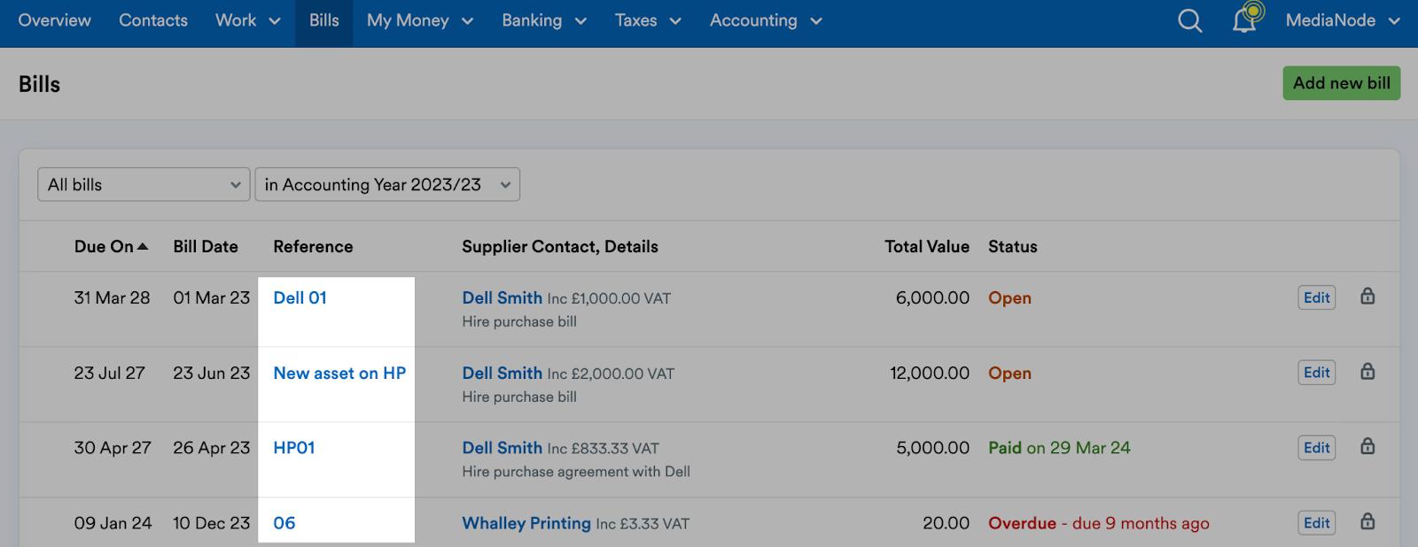 References highlighted under 'Reference' table header.