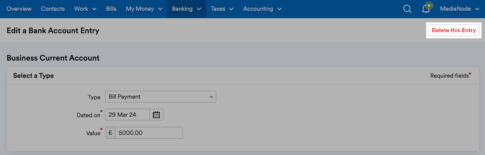 'Delete this Entry' button highlighted in Edit a Bank Account Entry page header.