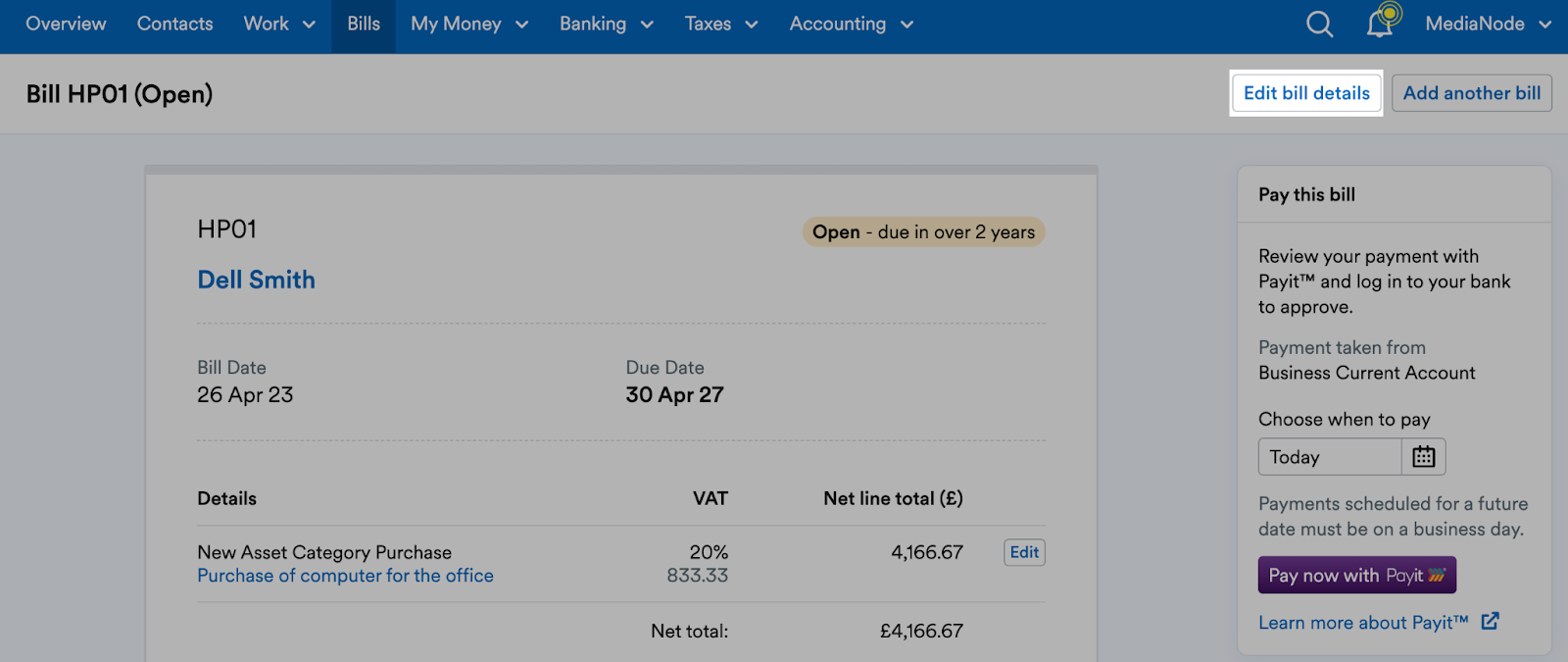 'Edit bill details' button highlighted in header of an example bill's page.