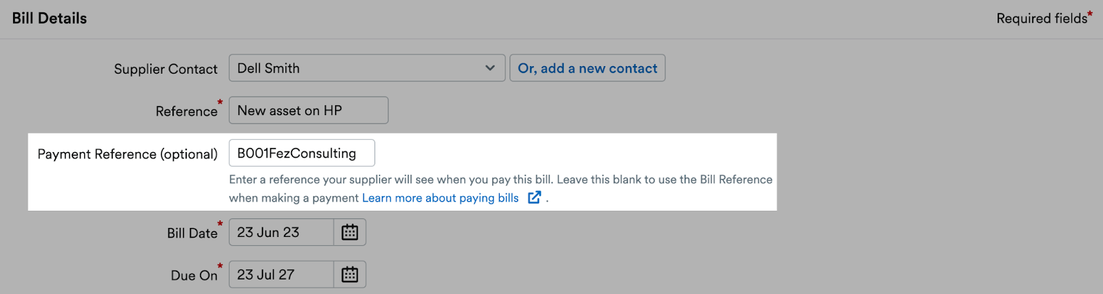 Payment reference box highlighted in bill details area.
