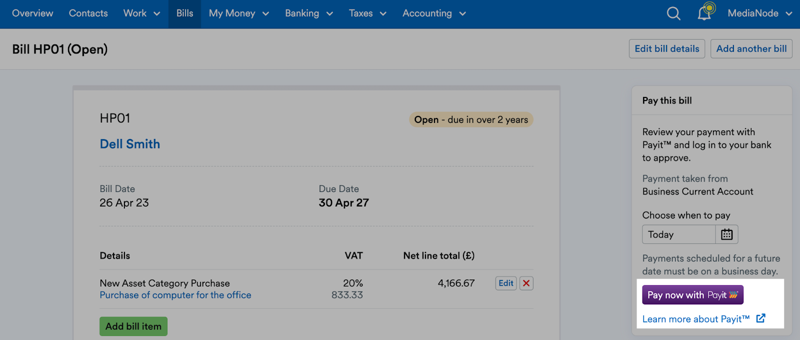 ‘Pay now with Payit™’ button highlighted in Pay this bill side panel on an example bill's page.