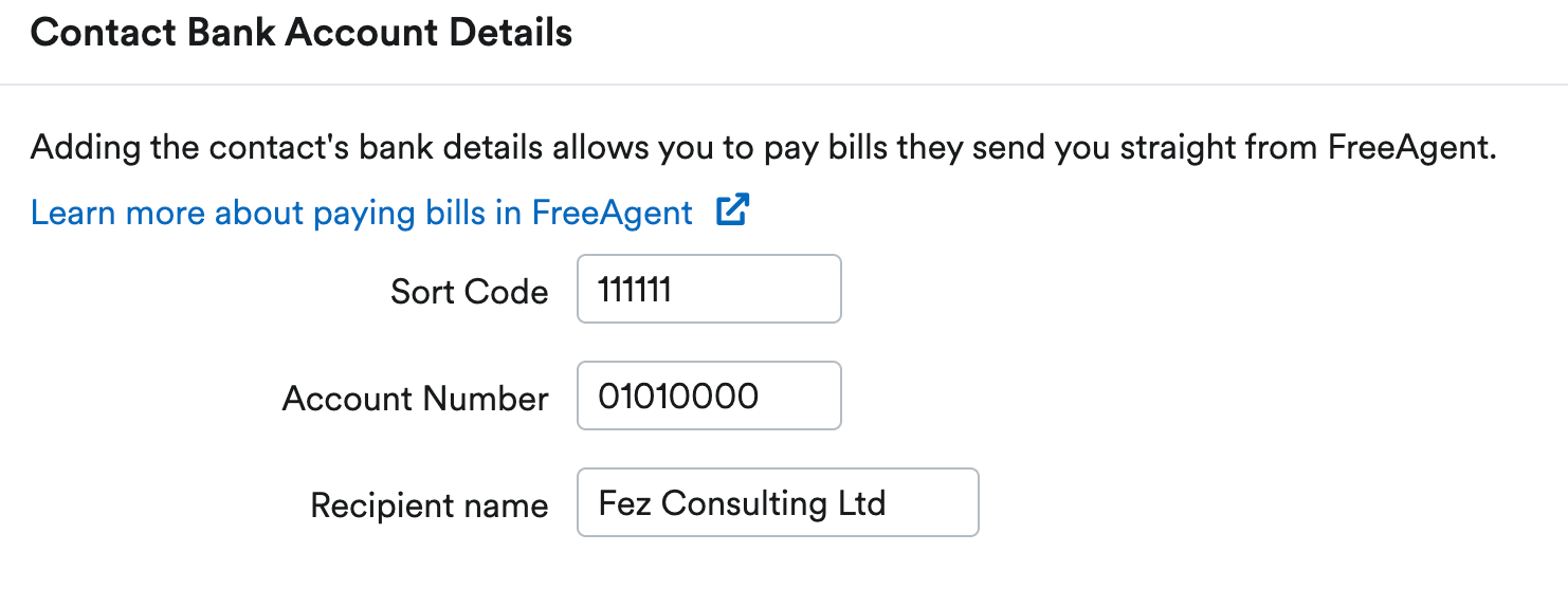Contact Bank Account Details area with boxes to enter sort code, account number and recipient name.