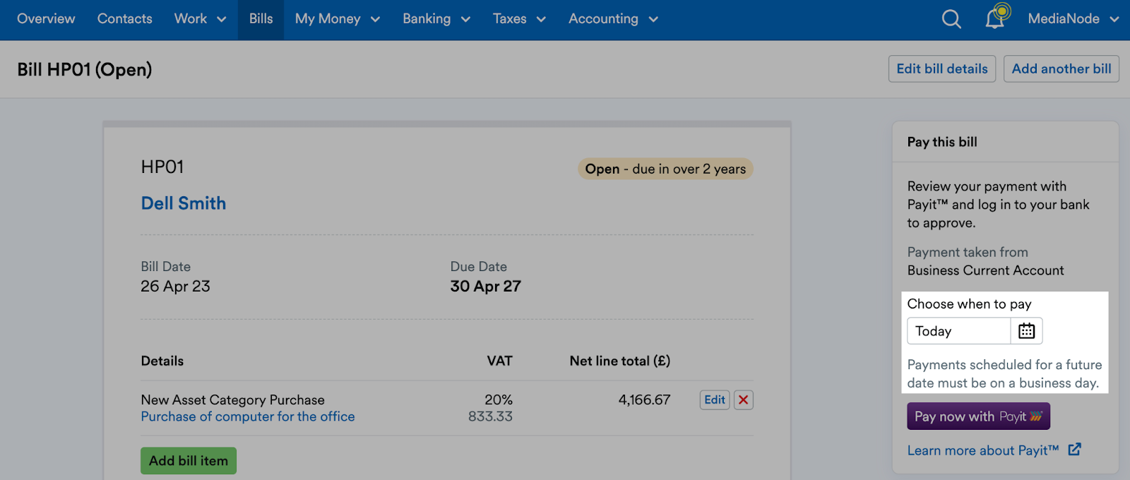 Date picker highlighted in Pay this bill side panel of an example bill's page.